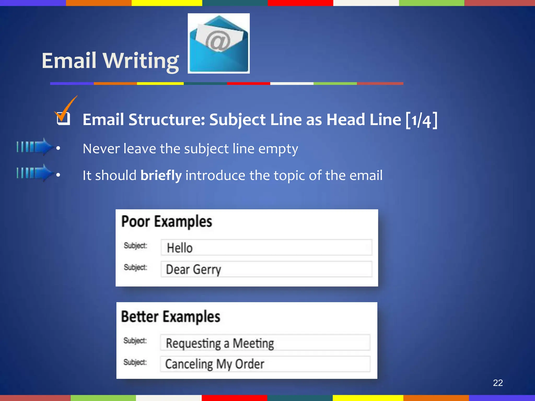 Email Writing
22
 Email Structure: Subject Line as Head Line [1/4]
• Never leave the subject line empty
• It should briefly introduce the topic of the email
 