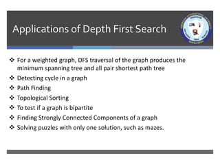 Applications of Depth First Search
 For a weighted graph, DFS traversal of the graph produces the
minimum spanning tree and all pair shortest path tree
 Detecting cycle in a graph
 Path Finding
 Topological Sorting
 To test if a graph is bipartite
 Finding Strongly Connected Components of a graph
 Solving puzzles with only one solution, such as mazes.
 
