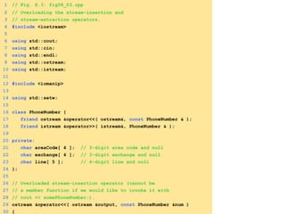 1 // Fig. 8.3: fig08_03.cpp
2 // Overloading the stream-insertion and
3 // stream-extraction operators.
4 #include <iostream>
5
6 using std::cout;
7 using std::cin;
8 using std::endl;
9 using std::ostream;
10 using std::istream;
11
12 #include <iomanip>
13
14 using std::setw;
15
16 class PhoneNumber {
17 friend ostream &operator<<( ostream&, const PhoneNumber & );
18 friend istream &operator>>( istream&, PhoneNumber & );
19
20 private:
21 char areaCode[ 4 ]; // 3-digit area code and null
22 char exchange[ 4 ]; // 3-digit exchange and null
23 char line[ 5 ]; // 4-digit line and null
24 };
25
26 // Overloaded stream-insertion operator (cannot be
27 // a member function if we would like to invoke it with
28 // cout << somePhoneNumber;).
29 ostream &operator<<( ostream &output, const PhoneNumber &num )
30 {
 