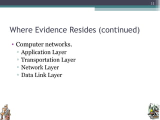 Where Evidence Resides (continued)
• Computer networks.
▫ Application Layer
▫ Transportation Layer
▫ Network Layer
▫ Data Link Layer
11
 
