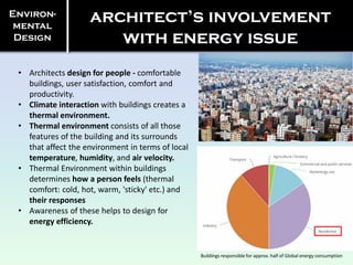• Architects design for people - comfortable
buildings, user satisfaction, comfort and
productivity.
• Climate interaction with buildings creates a
thermal environment.
• Thermal environment consists of all those
features of the building and its surrounds
that affect the environment in terms of local
temperature, humidity, and air velocity.
• Thermal Environment within buildings
determines how a person feels (thermal
comfort: cold, hot, warm, 'sticky' etc.) and
their responses
• Awareness of these helps to design for
energy efficiency.
Environ-
mental
Design
architect’s involvement
with energy issue
Buildings responsible for approx. half of Global energy consumption
 