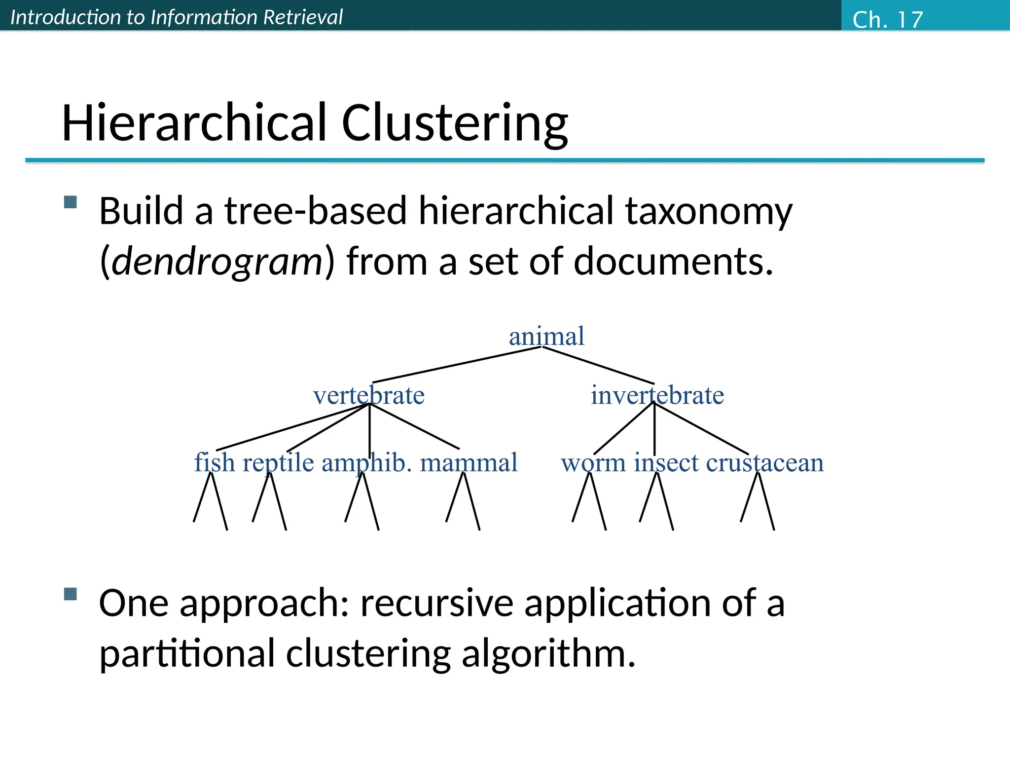 Introduction to Information Retrieval
Hierarchical Clustering
 Build a tree-based hierarchical taxonomy
(dendrogram) from a set of documents.
 One approach: recursive application of a
partitional clustering algorithm.
animal
vertebrate
fish reptile amphib. mammal worm insect crustacean
invertebrate
Ch. 17
 