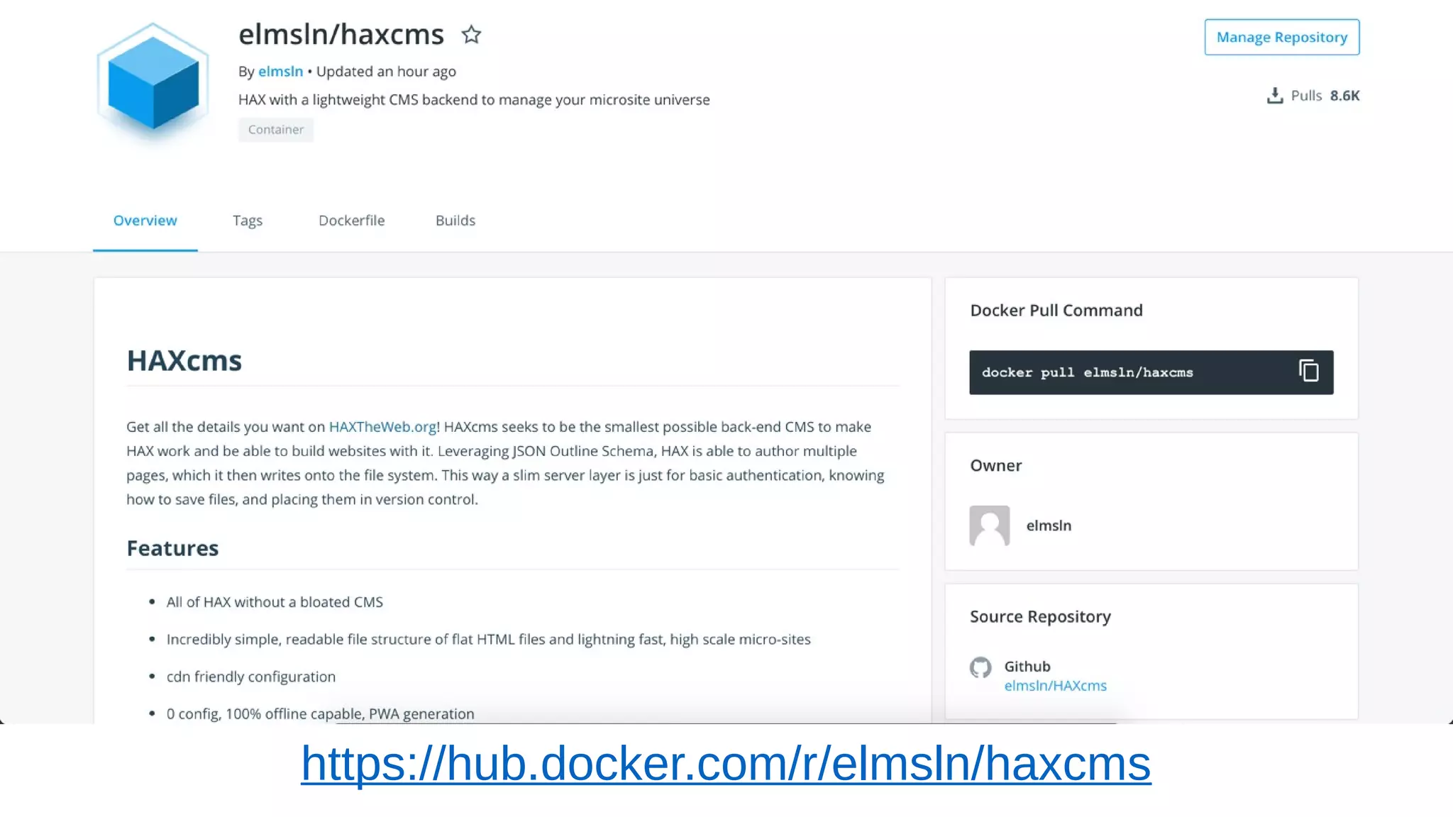 https://hub.docker.com/r/elmsln/haxcms
 