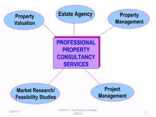 10/07/11
EMT612 - The Practice of Estate
Agency
2
Estate Agency
PROFESSIONAL
PROPERTY
CONSULTANCY
SERVICES
PROFESSIONAL
PROPERTY
CONSULTANCY
SERVICES
Property
Valuation
Property
Management
Market Research/
Feasibility Studies
Project
Management
 
