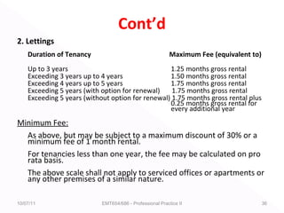 Cont’d
2. Lettings
Duration of Tenancy Maximum Fee (equivalent to)
Up to 3 years 1.25 months gross rental
Exceeding 3 years up to 4 years 1.50 months gross rental
Exceeding 4 years up to 5 years 1.75 months gross rental
Exceeding 5 years (with option for renewal) 1.75 months gross rental
Exceeding 5 years (without option for renewal) 1.75 months gross rental plus
0.25 months gross rental for
every additional year
Minimum Fee:
As above, but may be subject to a maximum discount of 30% or a
minimum fee of 1 month rental.
For tenancies less than one year, the fee may be calculated on pro
rata basis.
The above scale shall not apply to serviced offices or apartments or
any other premises of a similar nature.
10/07/11 EMT654/686 - Professional Practice II 36
 