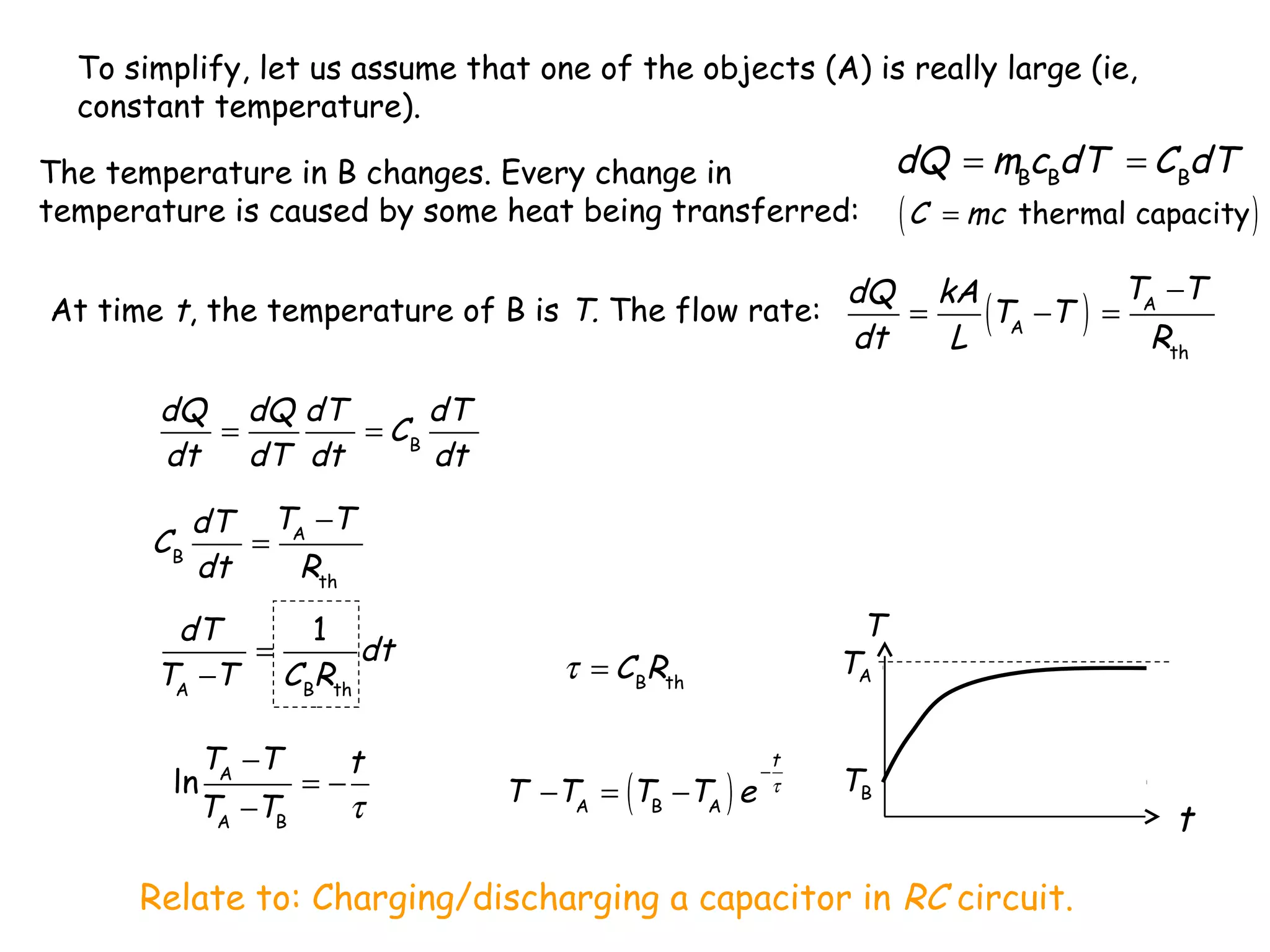 To simplify, let us assume that one of the objects (A) is really large (ie,
constant temperature).

dQ = mBcBdT = C BdT

The temperature in B changes. Every change in
temperature is caused by some heat being transferred:
At time t, the temperature of B is T. The flow rate:

(C

= mc thermal capacity )

T −T
dQ kA
=
TA −T ) = A
(
dt
L
Rth

dQ dQ dT
dT
=
= CB
dt
dT dt
dt
CB

dT TA −T
=
dt
Rth

dT
1
=
dt
TA −T C BRth

T −T
t
ln A
=−
TA −TB
τ

T

TA

τ = C BRth
T −TA = (TB −TA ) e

t
−
τ

TB

Relate to: Charging/discharging a capacitor in RC circuit.

t

 