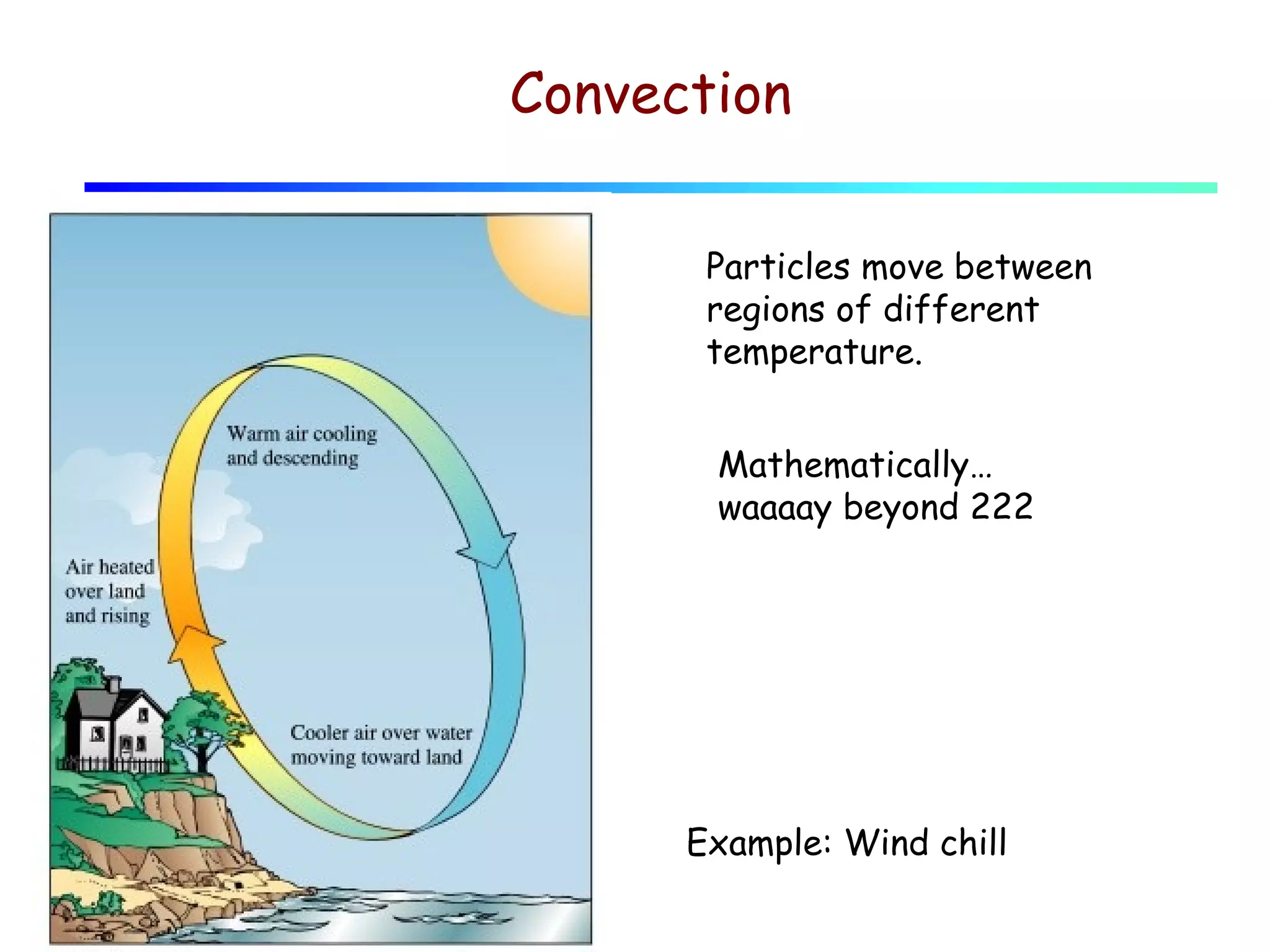 Convection
Particles move between
regions of different
temperature.
Mathematically…
waaaay beyond 222

Example: Wind chill

 