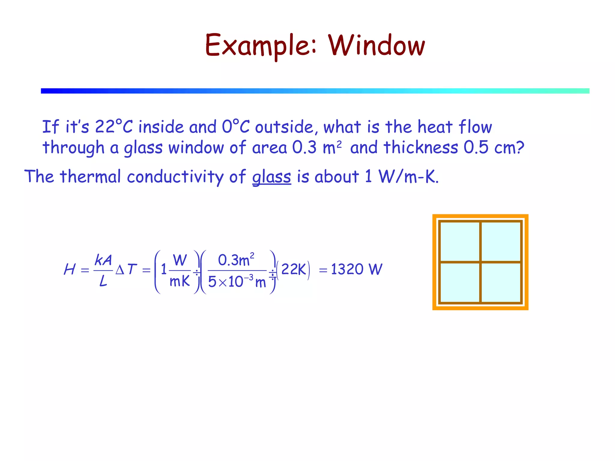 Example: Window
If it’s 22°C inside and 0°C outside, what is the heat flow
through a glass window of area 0.3 m2 and thickness 0.5 cm?
The thermal conductivity of glass is about 1 W/m-K.

 W   0.3m2 
kA
H =
∆T =  1
÷( 22K ) = 1320 W
÷
L
mK   5 × 10 −3 m ÷




 