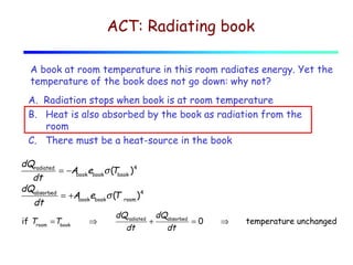 ACT: Radiating book
A book at room temperature in this room radiates energy. Yet the
temperature of the book does not go down: why not?
A. Radiation stops when book is at room temperature
B. Heat is also absorbed by the book as radiation from the
room
C. There must be a heat-source in the book
dQradiated
= −Abookebookσ ( book ) 4
T
dt
dQabsorbed
= +Abookebookσ ( room ) 4
T
dt
if Troom =Tbook

⇒

dQradiated dQabsorbed
+
=0
dt
dt

⇒

temperature unchanged

 