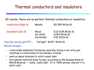 Thermal conductors and insulators
Of course, there are no perfect thermal conductors or insulators.
Conductors (high k)

Metals

50-500 W/(m K)

Insulators (low k)

Wood
Air (still)
Styrofoam

0.12-0.04 W/(m K)
0.024 W/(m K)
0.01 W/(m K)

How low can you go?????….

“Aerogel”: 8x10-5 W/(m K)

What’s aerogel….
•
•
•

a man-made substance formed by specially drying a wet silica gel,
resulting in a solid mesh of microscopic strands.
used on space missions to catch comet dust
the lightest material know to man, according to the Guiness Book of
World Records -- really, really light. It is ~98% porous, and yet it is
quite rigid…

 