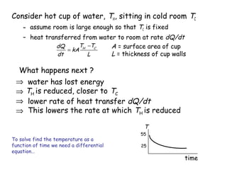 Consider hot cup of water, TH, sitting in cold room TC
– assume room is large enough so that TC is fixed
– heat transferred from water to room at rate dQ/dt
TH −TC
dQ
A = surface area of cup
= kA
L = thickness of cup walls
dt
L

What happens next ?
⇒ water has lost energy
⇒ TH is reduced, closer to TC
⇒ lower rate of heat transfer dQ/dt
⇒ This lowers the rate at which TH is reduced
T
To solve find the temperature as a
function of time we need a differential
equation…

55
25

time

 