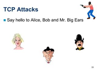 TCP Attacks
   Say hello to Alice, Bob and Mr. Big Ears




                                               33
 