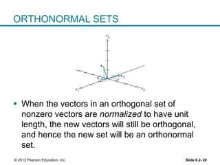 Slide 6.2- 28© 2012 Pearson Education, Inc.
ORTHONORMAL SETS
 When the vectors in an orthogonal set of
nonzero vectors are normalized to have unit
length, the new vectors will still be orthogonal,
and hence the new set will be an orthonormal
set.
 
