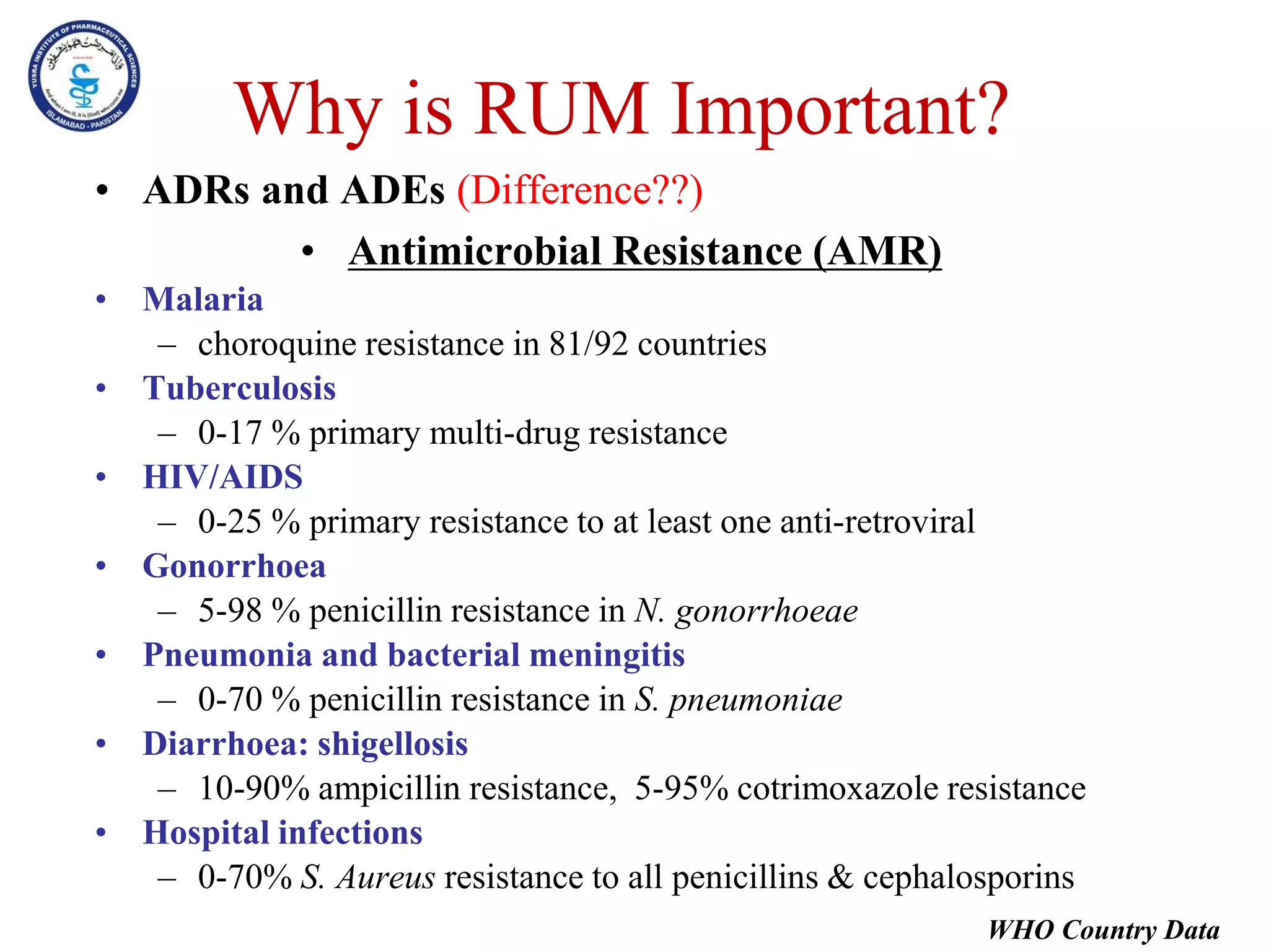 Why is RUM Important?
• ADRs and ADEs (Difference??)
• Antimicrobial Resistance (AMR)
• Malaria
– choroquine resistance in 81/92 countries
• Tuberculosis
– 0-17 % primary multi-drug resistance
• HIV/AIDS
– 0-25 % primary resistance to at least one anti-retroviral
• Gonorrhoea
– 5-98 % penicillin resistance in N. gonorrhoeae
• Pneumonia and bacterial meningitis
– 0-70 % penicillin resistance in S. pneumoniae
• Diarrhoea: shigellosis
– 10-90% ampicillin resistance, 5-95% cotrimoxazole resistance
• Hospital infections
– 0-70% S. Aureus resistance to all penicillins & cephalosporins
WHO Country Data
 