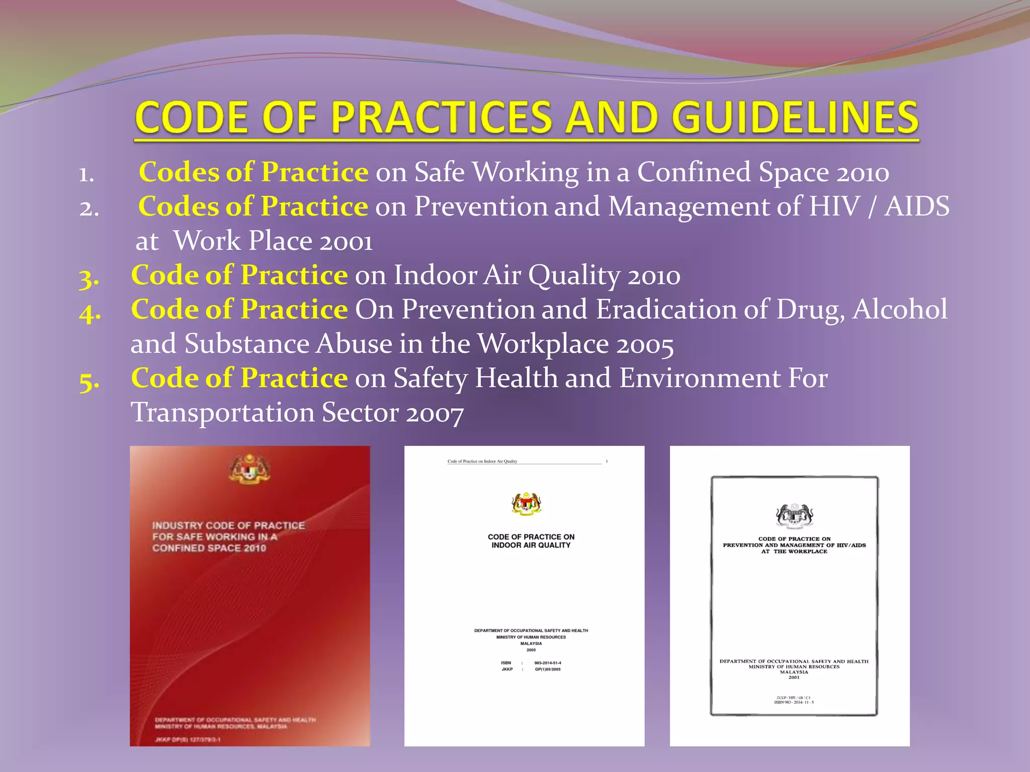 1.
2.

Codes of Practice on Safe Working in a Confined Space 2010
Codes of Practice on Prevention and Management of HIV / AIDS
at Work Place 2001
3. Code of Practice on Indoor Air Quality 2010
4. Code of Practice On Prevention and Eradication of Drug, Alcohol
and Substance Abuse in the Workplace 2005
5. Code of Practice on Safety Health and Environment For
Transportation Sector 2007

 