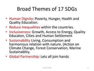 Broad Themes of 17 SDGs
• Human Dignity: Poverty, Hunger, Health and
Quality Education.
• Reduce Inequalities within the countries.
• Inclusiveness: Growth, Access to Energy, Quality
Educaton, Cities and Human Settlement
• Sustainability Living, Consumption and
harmonious relation with nature. (Action on
Climate Change, Forest Conservation, Marine
Sustainablity.
• Global Partnership: Lets all join hands
4Harveer Singh
 