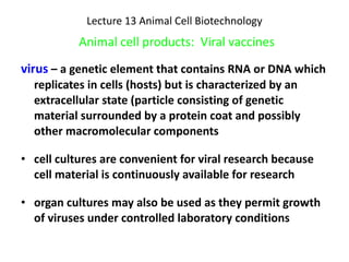 Lecture 13 Animal Cell Biotechnology   Animal cell products:  Viral vaccines ,[object Object],[object Object],[object Object]