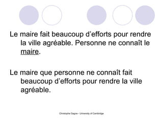 Le maire fait beaucoup d’efforts pour rendre la ville agréable. Personne ne connaît le  maire . Le maire que personne ne connaît fait beaucoup d’efforts pour rendre la ville agréable. 