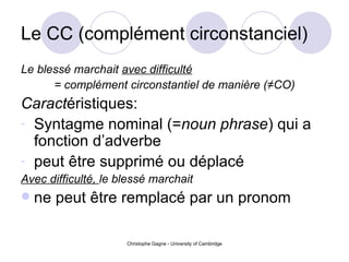 Le CC (compl ément circonstanciel) Le bless é marchait  avec difficulté = compl ément  circonstantiel de mani ère (≠CO) Caract éristiques: Syntagme nominal (= noun phrase ) qui a fonction d’adverbe peut  être supprimé ou déplacé Avec difficulté,  le bless é marchait ne peut  être remplacé par un pronom 