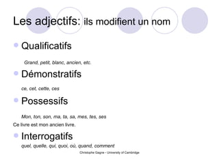 Les adjectifs:  ils modifient un nom ,[object Object],[object Object],[object Object],[object Object],[object Object],[object Object],[object Object],[object Object],[object Object]