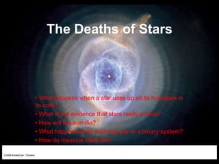 The Deaths of Stars
• What happens when a star uses up all its hydrogen in
its core?
• What is the evidence that stars really evolve?
• How will the sun die?
• What happens to an evolving star in a binary system?
• How do massive stars die?
 