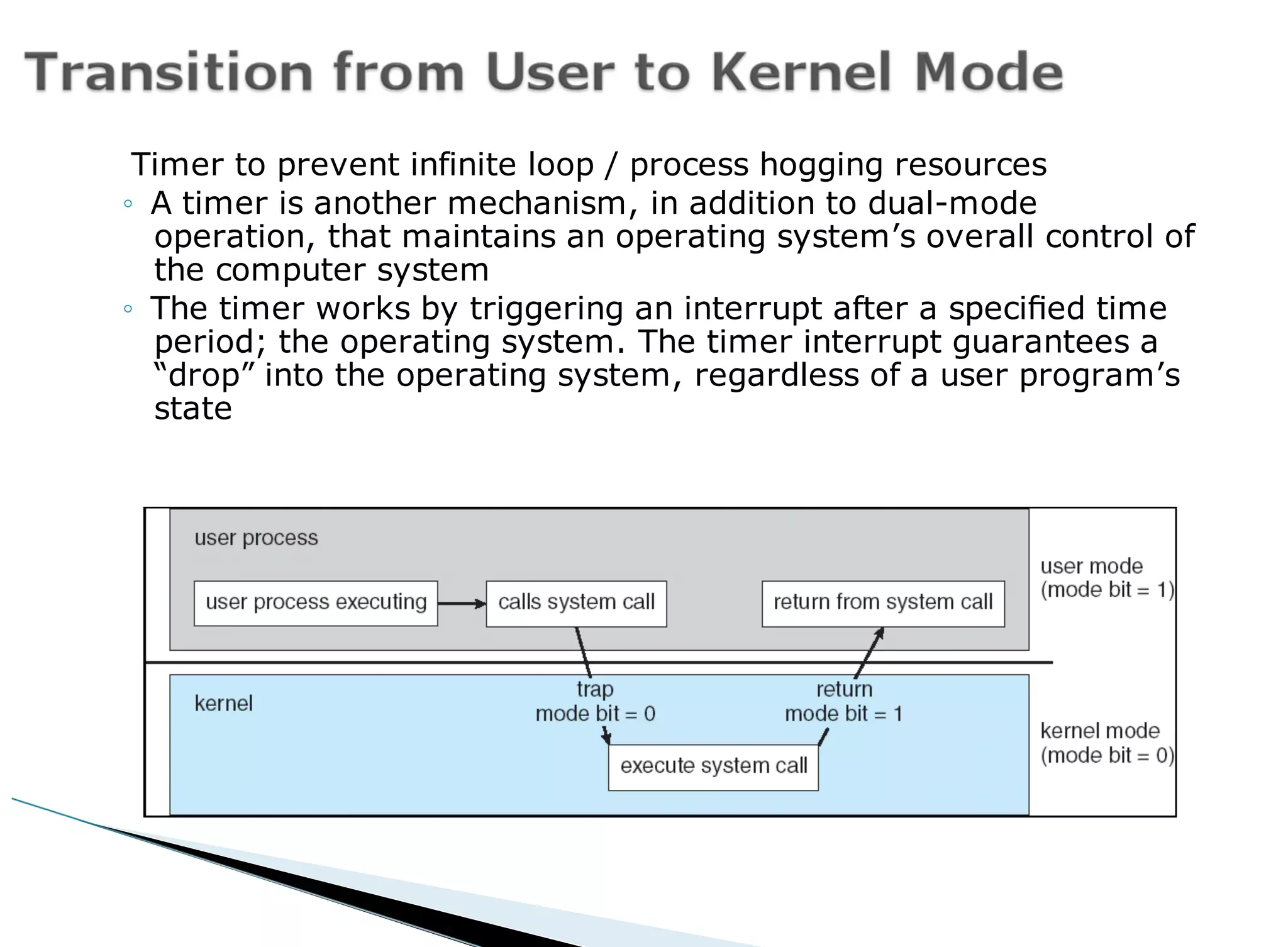Timer to prevent infinite loop / process hogging resources
◦ A timer is another mechanism, in addition to dual-mode
operation, that maintains an operating system’s overall control of
the computer system
◦ The timer works by triggering an interrupt after a specified time
period; the operating system. The timer interrupt guarantees a
“drop” into the operating system, regardless of a user program’s
state
 