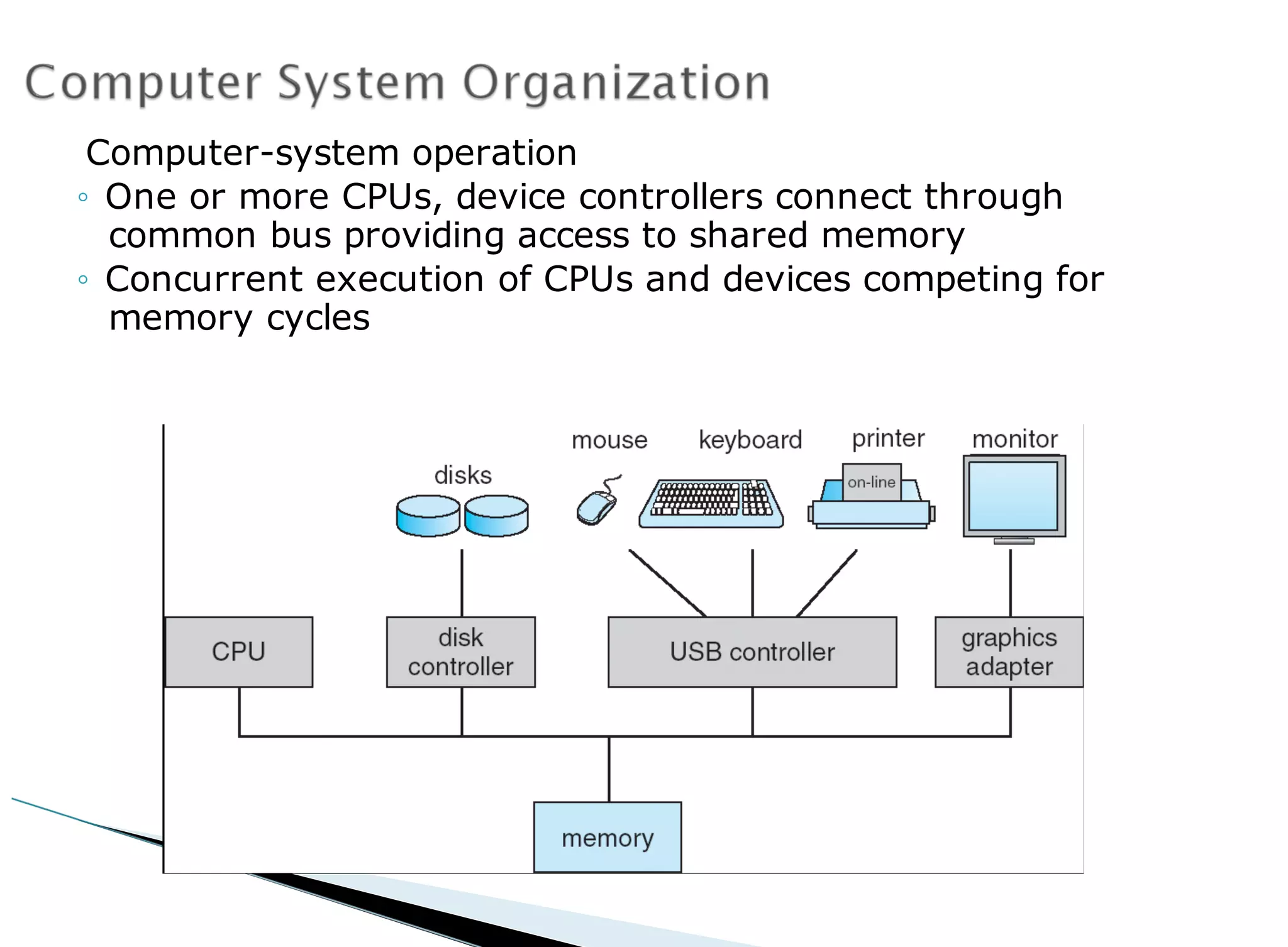 Computer-system operation
◦ One or more CPUs, device controllers connect through
common bus providing access to shared memory
◦ Concurrent execution of CPUs and devices competing for
memory cycles
 
