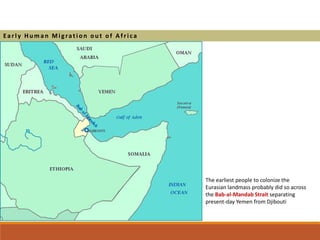 The earliest people to colonize the
Eurasian landmass probably did so across
the Bab-al-Mandab Strait separating
present-day Yemen from Djibouti
Ea rl y H um a n Mi grati on out of A f ri ca
 
