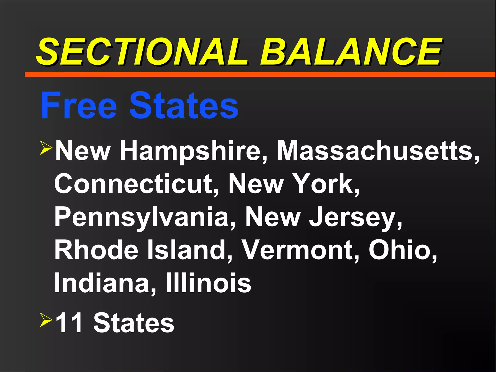 SECTIONAL BALANCESECTIONAL BALANCE
Free States
New Hampshire, Massachusetts,
Connecticut, New York,
Pennsylvania, New Jersey,
Rhode Island, Vermont, Ohio,
Indiana, Illinois
11 States
 