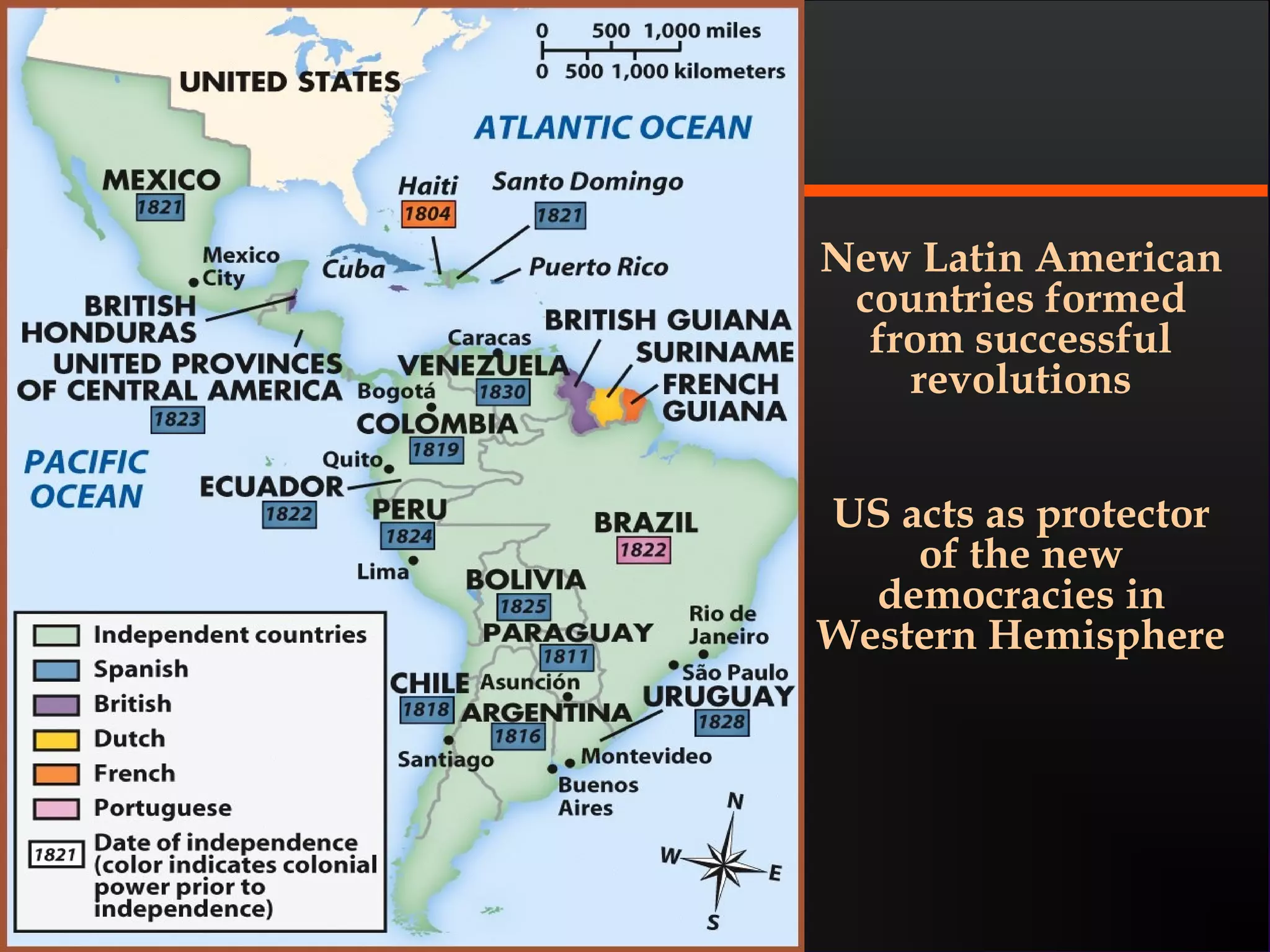 New Latin American
countries formed
from successful
revolutions
US acts as protector
of the new
democracies in
Western Hemisphere
 