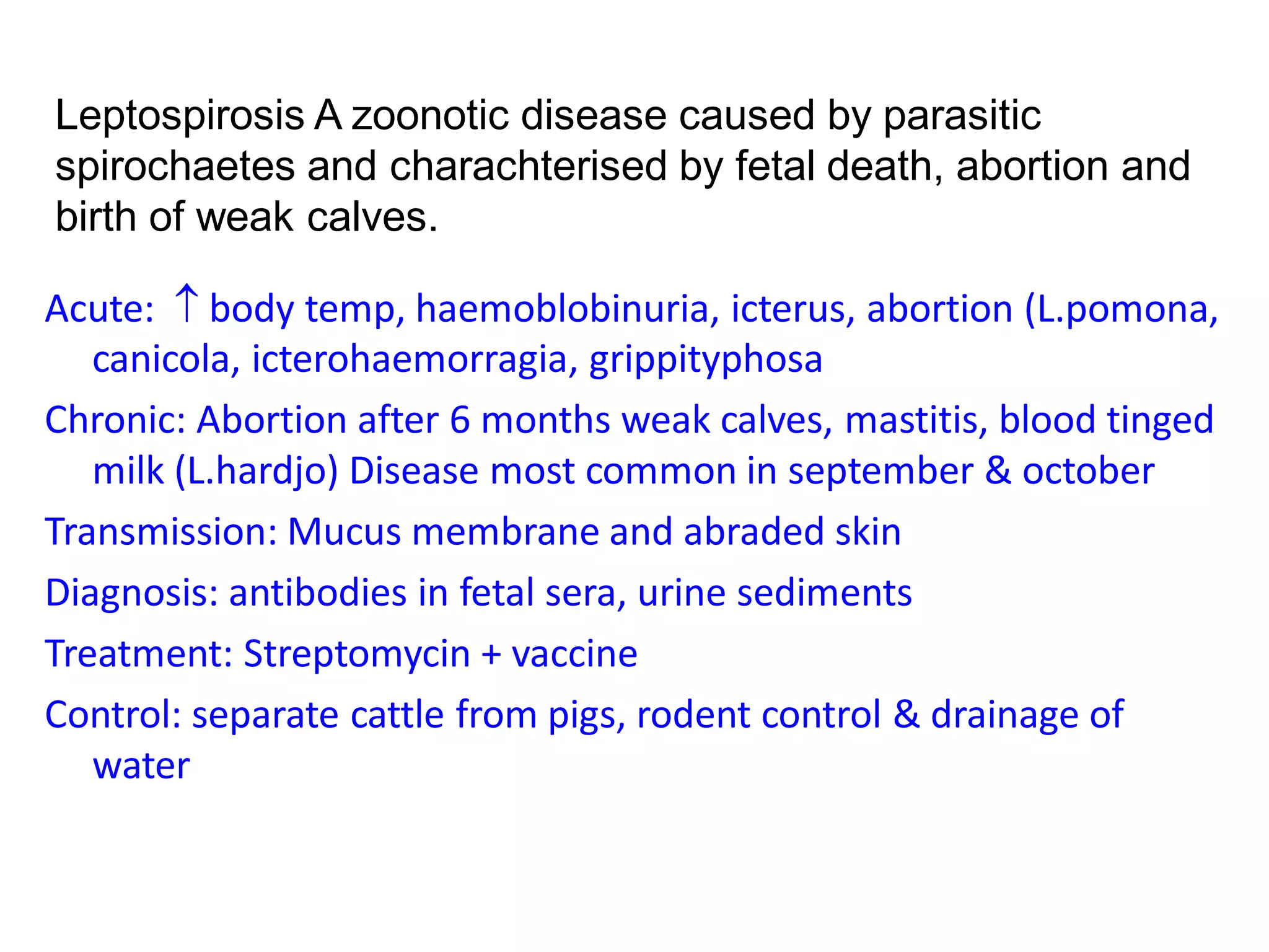 Leptospirosis A zoonotic disease caused by parasitic
spirochaetes and charachterised by fetal death, abortion and
birth of weak calves.
Acute:  body temp, haemoblobinuria, icterus, abortion (L.pomona,
canicola, icterohaemorragia, grippityphosa
Chronic: Abortion after 6 months weak calves, mastitis, blood tinged
milk (L.hardjo) Disease most common in september & october
Transmission: Mucus membrane and abraded skin
Diagnosis: antibodies in fetal sera, urine sediments
Treatment: Streptomycin + vaccine
Control: separate cattle from pigs, rodent control & drainage of
water
 