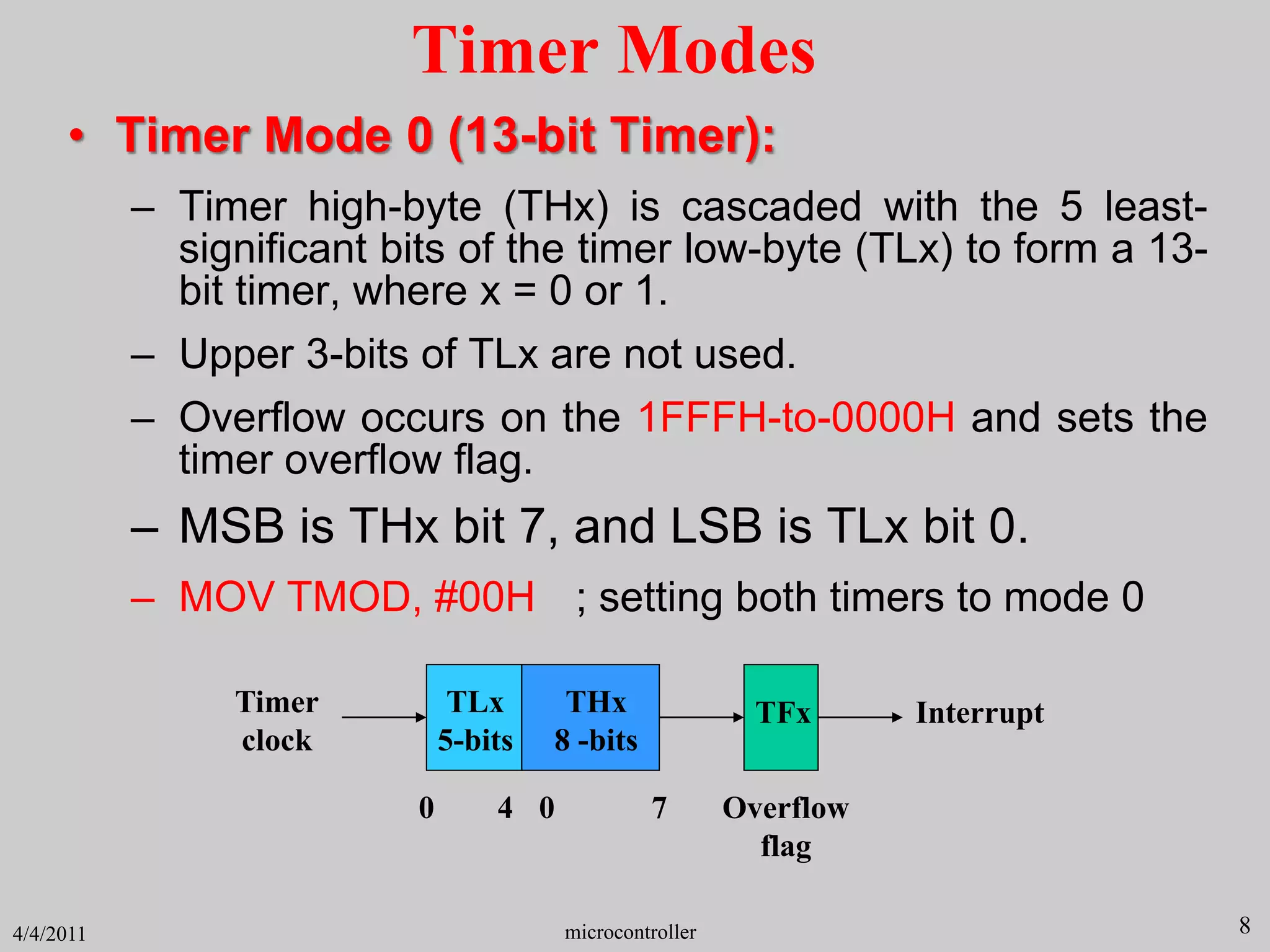 Timer Modes
• Timer Mode 0 (13-bit Timer):
– Timer high-byte (THx) is cascaded with the 5 least-
significant bits of the timer low-byte (TLx) to form a 13-
bit timer, where x = 0 or 1.
– Upper 3-bits of TLx are not used.
– Overflow occurs on the 1FFFH-to-0000H and sets the
timer overflow flag.
– MSB is THx bit 7, and LSB is TLx bit 0.
– MOV TMOD, #00H ; setting both timers to mode 0
Timer
clock
Overflow
flag
TLx
5-bits
THx
8 -bits
TFx Interrupt
7
0
4
0
microcontroller 8
4/4/2011
 