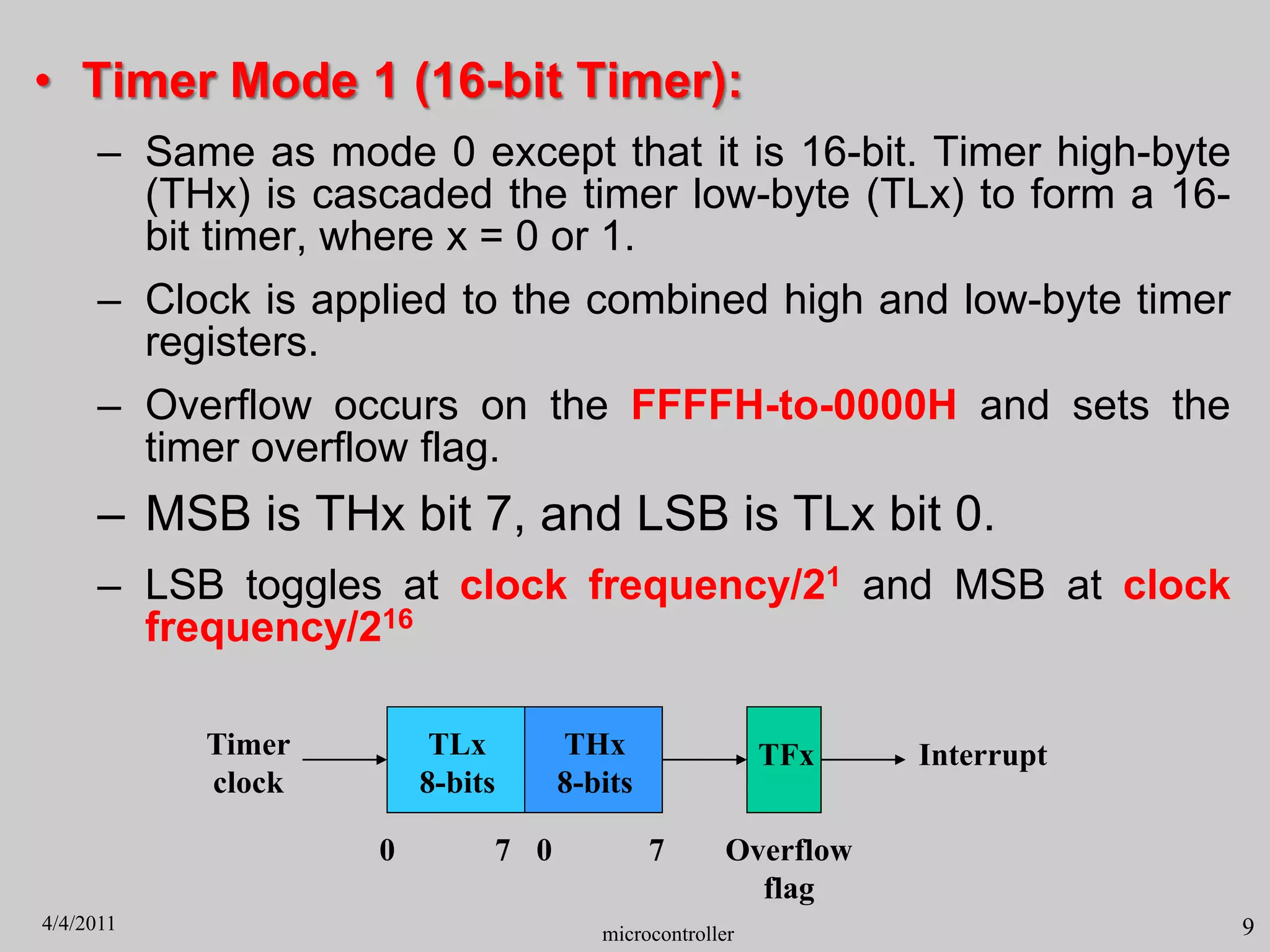 • Timer Mode 1 (16-bit Timer):
– Same as mode 0 except that it is 16-bit. Timer high-byte
(THx) is cascaded the timer low-byte (TLx) to form a 16-
bit timer, where x = 0 or 1.
– Clock is applied to the combined high and low-byte timer
registers.
– Overflow occurs on the FFFFH-to-0000H and sets the
timer overflow flag.
– MSB is THx bit 7, and LSB is TLx bit 0.
– LSB toggles at clock frequency/21 and MSB at clock
frequency/216
Timer
clock
Overflow
flag
THx
8-bits
TFx Interrupt
TLx
8-bits
7
0
7
0
microcontroller 9
4/4/2011
 