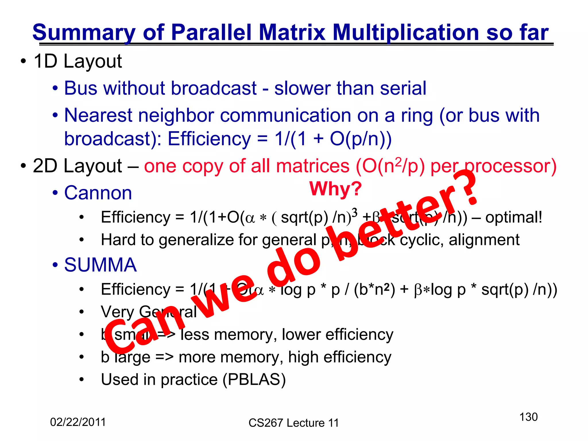 02/22/2011 CS267 Lecture 11
130
Summary of Parallel Matrix Multiplication so far
• 1D Layout
• Bus without broadcast - slower than serial
• Nearest neighbor communication on a ring (or bus with
broadcast): Efficiency = 1/(1 + O(p/n))
• 2D Layout – one copy of all matrices (O(n2/p) per processor)
• Cannon
• Efficiency = 1/(1+O(a * ( sqrt(p) /n)3 +b* sqrt(p) /n)) – optimal!
• Hard to generalize for general p, n, block cyclic, alignment
• SUMMA
• Efficiency = 1/(1 + O(a * log p * p / (b*n2) + b*log p * sqrt(p) /n))
• Very General
• b small => less memory, lower efficiency
• b large => more memory, high efficiency
• Used in practice (PBLAS)
Why?
 
