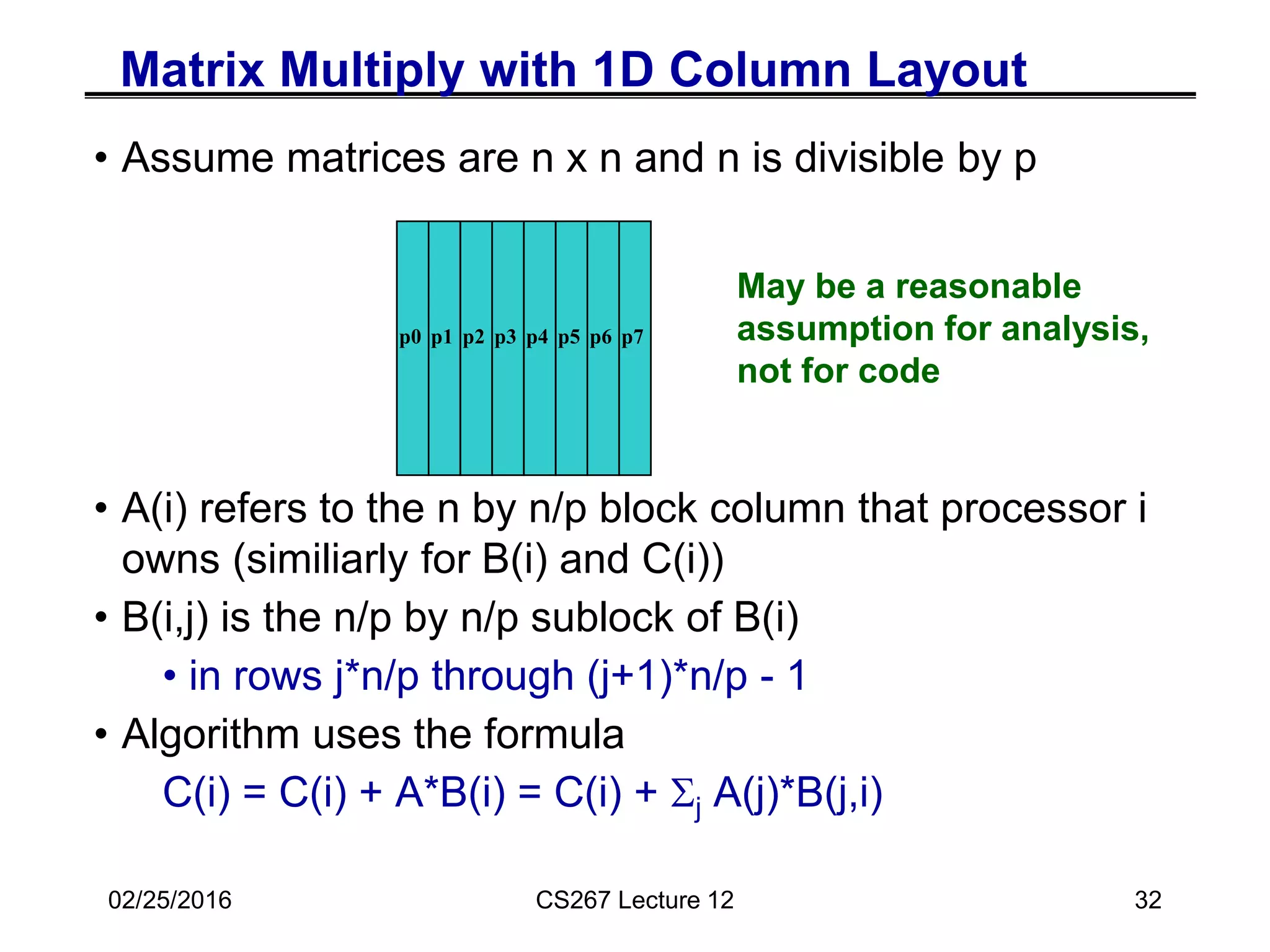 02/25/2016 CS267 Lecture 12 32
Matrix Multiply with 1D Column Layout
• Assume matrices are n x n and n is divisible by p
• A(i) refers to the n by n/p block column that processor i
owns (similiarly for B(i) and C(i))
• B(i,j) is the n/p by n/p sublock of B(i)
• in rows j*n/p through (j+1)*n/p - 1
• Algorithm uses the formula
C(i) = C(i) + A*B(i) = C(i) + Sj A(j)*B(j,i)
p0 p1 p2 p3 p5
p4 p6 p7
May be a reasonable
assumption for analysis,
not for code
 
