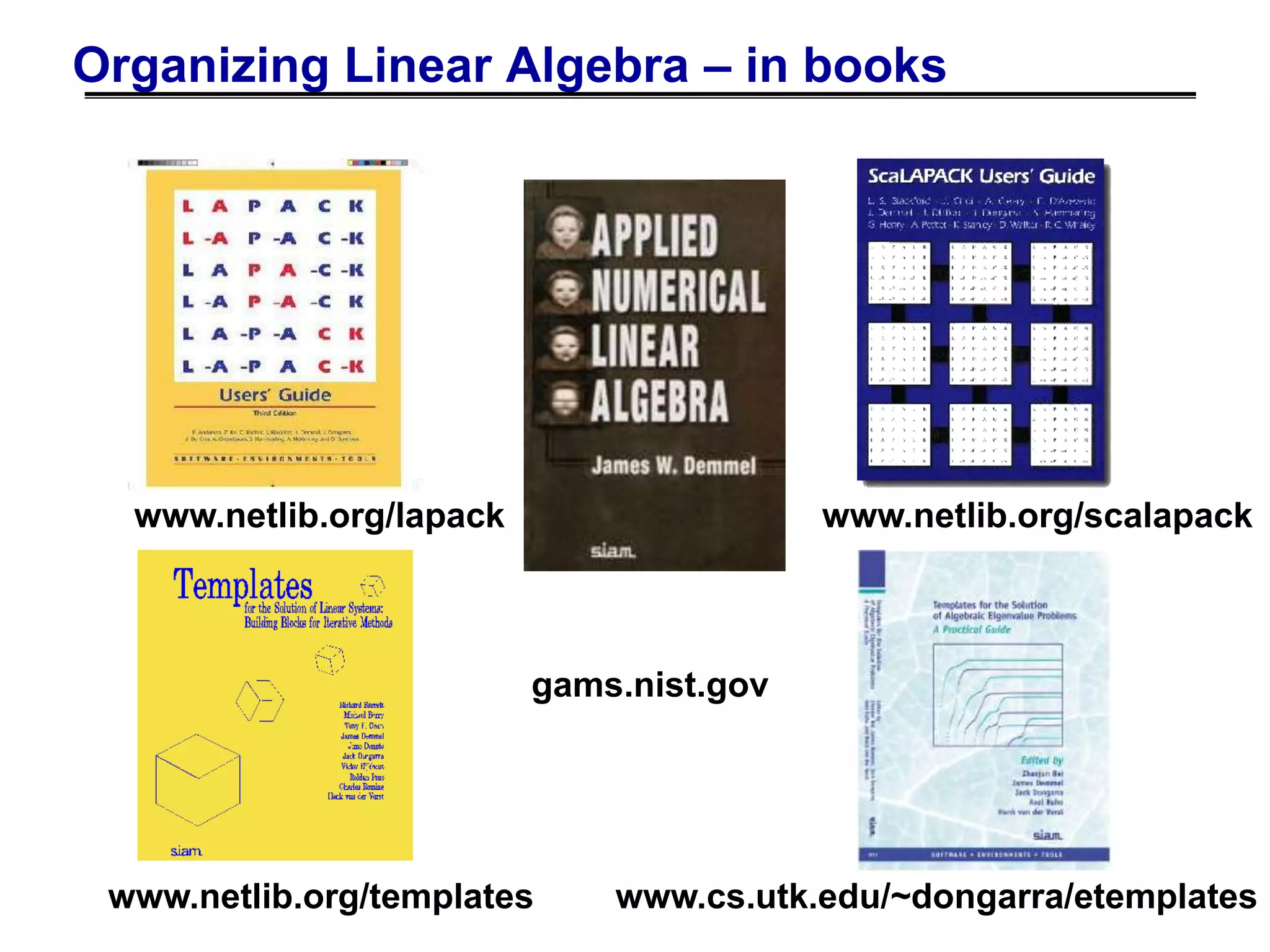 Organizing Linear Algebra – in books
www.netlib.org/lapack www.netlib.org/scalapack
www.cs.utk.edu/~dongarra/etemplates
www.netlib.org/templates
gams.nist.gov
 