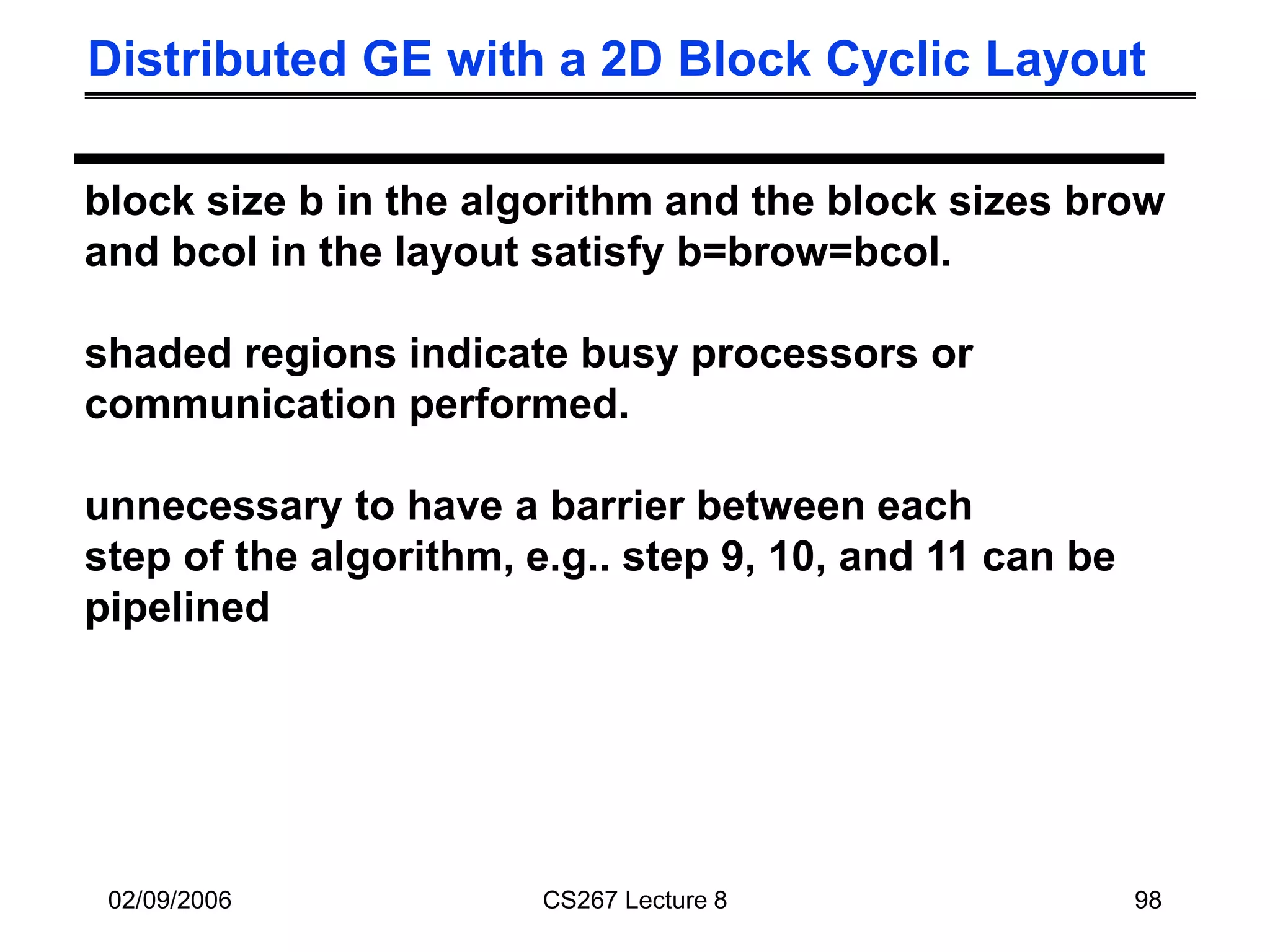 02/09/2006 CS267 Lecture 8 98
Distributed GE with a 2D Block Cyclic Layout
block size b in the algorithm and the block sizes brow
and bcol in the layout satisfy b=brow=bcol.
shaded regions indicate busy processors or
communication performed.
unnecessary to have a barrier between each
step of the algorithm, e.g.. step 9, 10, and 11 can be
pipelined
 