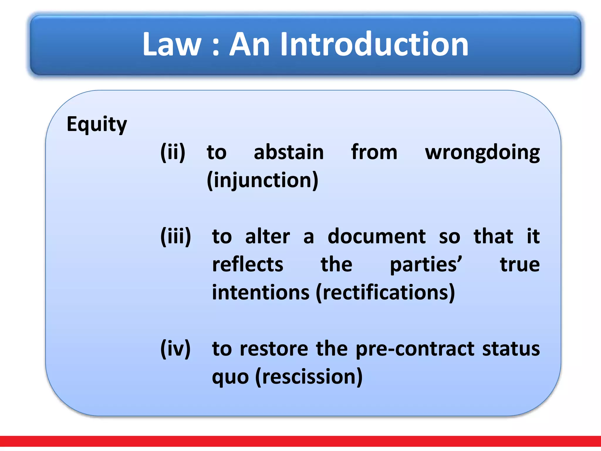Law : An Introduction
Equity
(ii) to abstain from wrongdoing
(injunction)
(iii) to alter a document so that it
reflects the parties’ true
intentions (rectifications)
(iv) to restore the pre-contract status
quo (rescission)
 