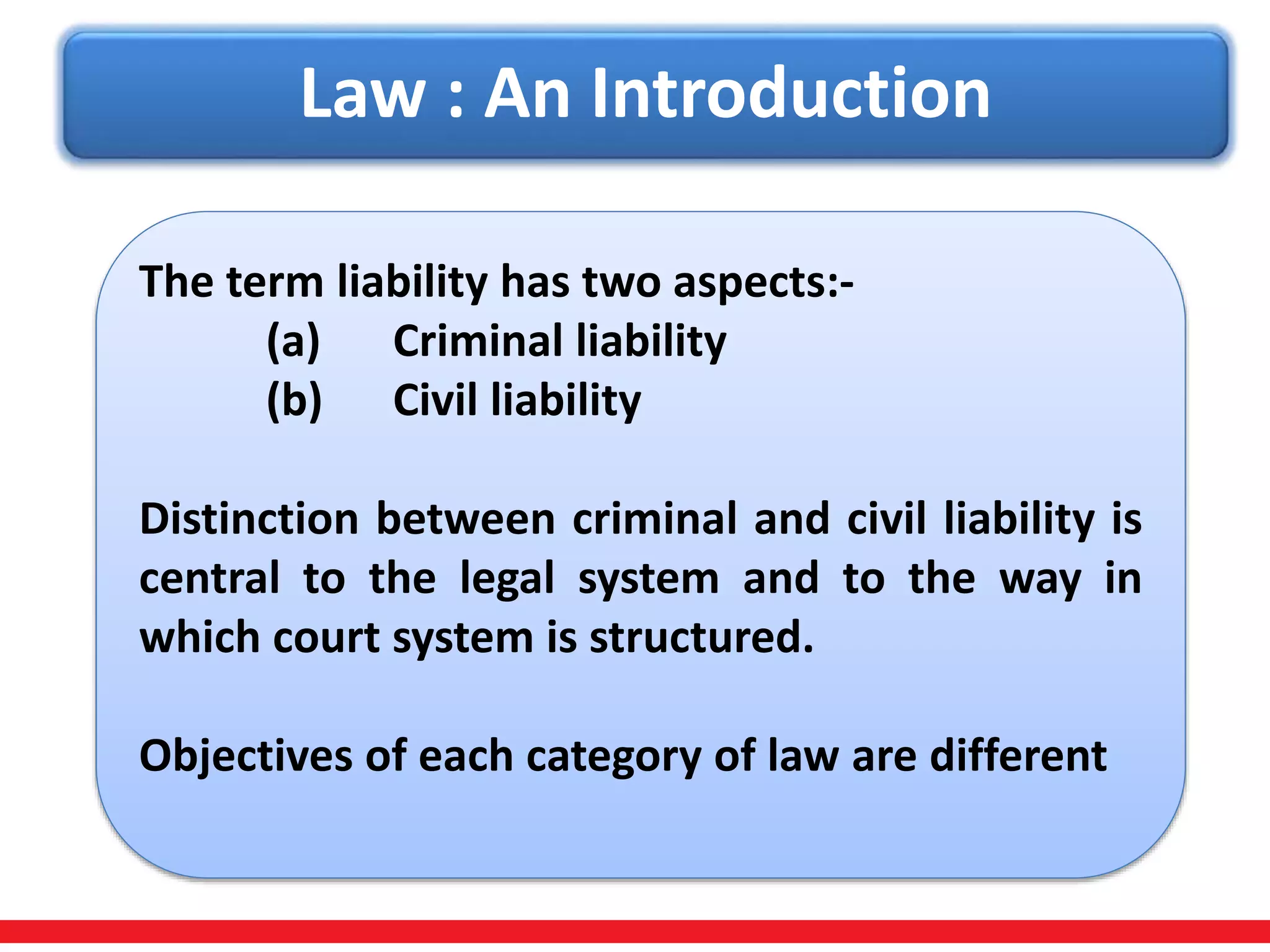 Law : An Introduction
The term liability has two aspects:-
(a) Criminal liability
(b) Civil liability
Distinction between criminal and civil liability is
central to the legal system and to the way in
which court system is structured.
Objectives of each category of law are different
 