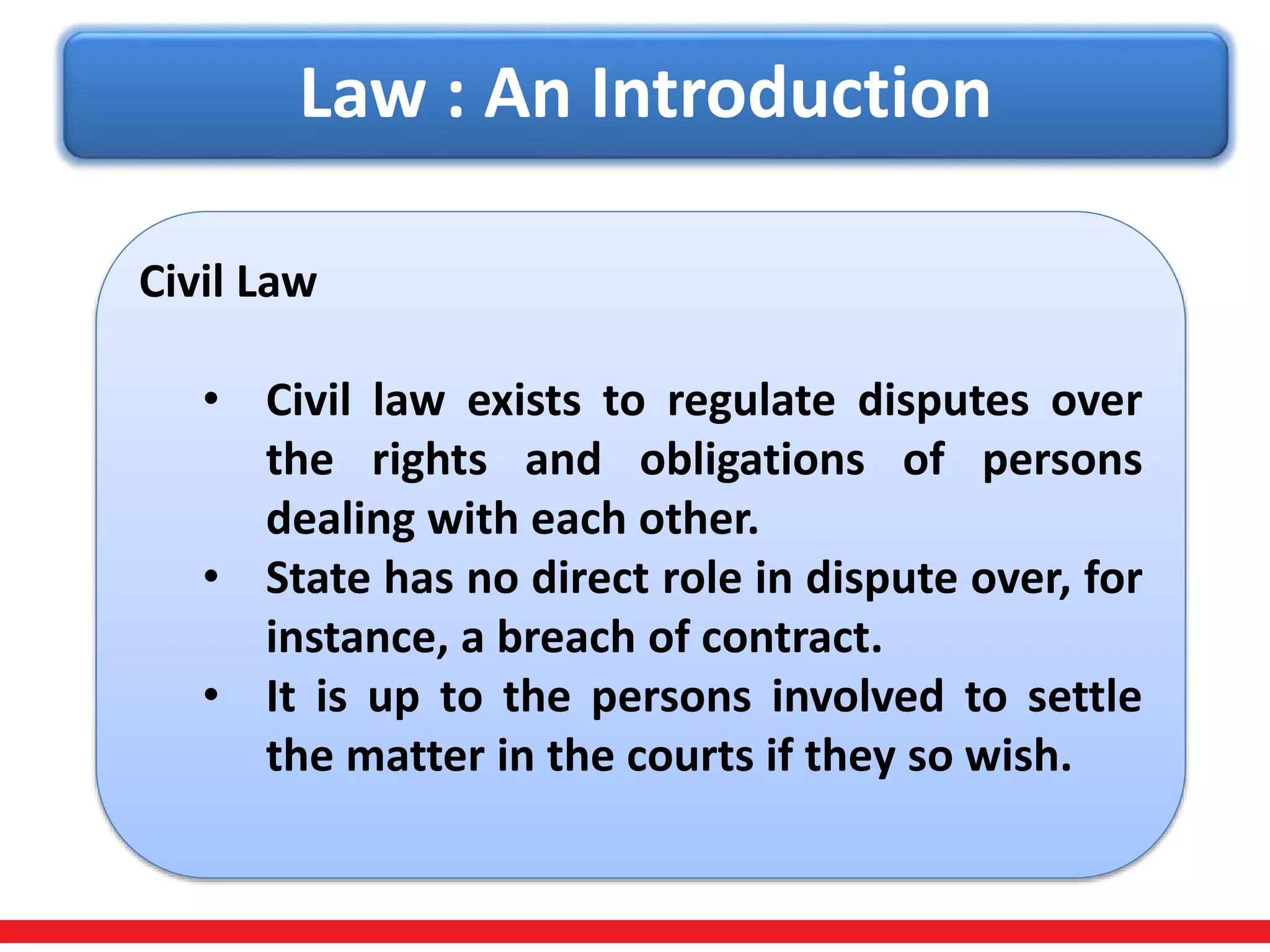 Law : An Introduction
Civil Law
• Civil law exists to regulate disputes over
the rights and obligations of persons
dealing with each other.
• State has no direct role in dispute over, for
instance, a breach of contract.
• It is up to the persons involved to settle
the matter in the courts if they so wish.
 