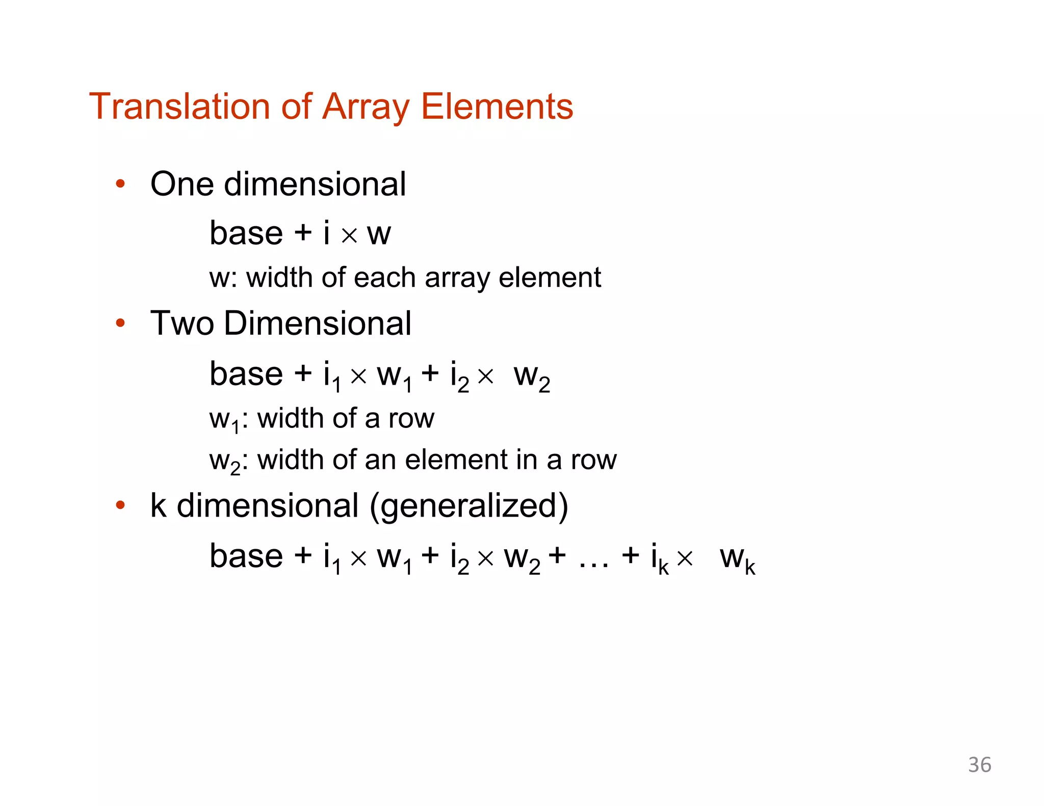 Translation of Array Elements
• One dimensional
base + i  w
w: width of each array element
• Two Dimensional
base + i1  w1 + i2  w2
w1: width of a row
w2: width of an element in a row
• k dimensional (generalized)
base + i1  w1 + i2  w2 + … + ik  wk
36
 