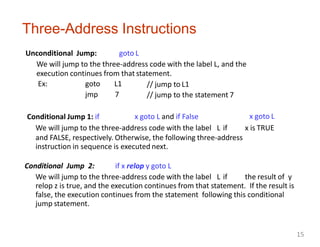Three-Address Instructions
Unconditional Jump: goto L
We will jump to the three-address code with the label L, and the
execution continues from that statement.
Ex: goto L1
jmp 7
Conditional Jump 1: if
// jump to L1
// jump to the statement 7
x goto L and if False x goto L
We will jump to the three-address code with the label L if x is TRUE
and FALSE, respectively. Otherwise, the following three-address
instruction in sequence is executed next.
Conditional Jump 2: if x relop y goto L
We will jump to the three-address code with the label L if the result of y
relop z is true, and the execution continues from that statement. If the result is
false, the execution continues from the statement following this conditional
jump statement.
15
 