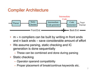 Compiler Architecture
Parser
Static
Checker
Intermediate
Code generator
Code
Generator
Intermediate
Code
Target
language
Front End Back End
• m  n compliers can be built by writing m front ends
and n back ends – save considerable amount of effort
• We assume parsing, static checking and IC
generation is done sequentially
– These can be combined and done during parsing
• Static checking
– Operator operand compatibility
– Proper placement of break/continue keywords etc.
2
 