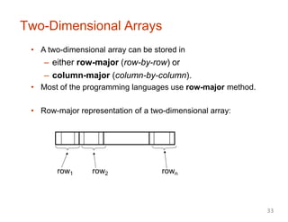Two-Dimensional Arrays
• A two-dimensional array can be stored in
– either row-major (row-by-row) or
– column-major (column-by-column).
• Most of the programming languages use row-major method.
• Row-major representation of a two-dimensional array:
row1 row2 rown
33
 