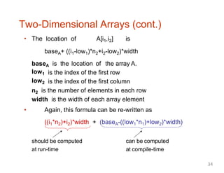 Two-Dimensional Arrays (cont.)
• The location of A[i1,i2] is
baseA+ ((i1-low1)*n2+i2-low2)*width
baseA is the location of the array A.
low1
low2
is the index of the first row
is the index of the first column
n2 is the number of elements in each row
width is the width of each array element
• Again, this formula can be re-written as
((i1*n2)+i2)*width + (baseA-((low1*n1)+low2)*width)
should be computed
at run-time
can be computed
at compile-time
34
 