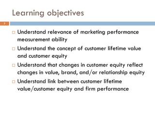 Learning objectives
 Understand relevance of marketing performance
measurement ability
 Understand the concept of customer lifetime value
and customer equity
 Understand that changes in customer equity reflect
changes in value, brand, and/or relationship equity
 Understand link between customer lifetime
value/customer equity and firm performance
3
 