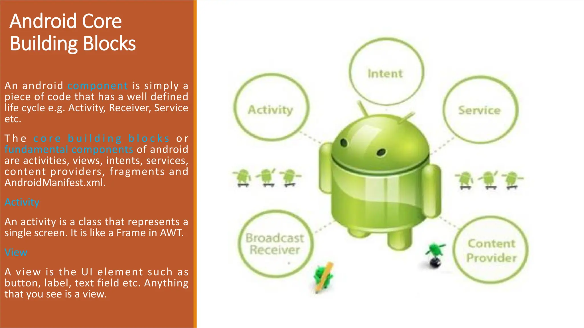 Android Core
Building Blocks
An android component is simply a
piece of code that has a well defined
life cycle e.g. Activity, Receiver, Service
etc.
T h e c o r e b u i l d i n g b l o c k s o r
fundamental components of android
are activities, views, intents, services,
content providers, fragments and
AndroidManifest.xml.
Activity
An activity is a class that represents a
single screen. It is like a Frame in AWT.
View
A view is the UI element such as
button, label, text field etc. Anything
that you see is a view.
 