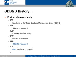 Beat Signer - Department of Computer Science - bsigner@vub.ac.be 14May 19, 2017
ODBMS History ...
 Further developments
 1991
- foundation of the Object Database Management Group (ODMG)
 1993
- ODMG 1.0 standard
 1996
- PJama (Persistent Java)
 1997
- ODMG 2.0 standard
 1999
- ODMG 3.0 standard
 2001
- db4o (database for objects)
 ...
 