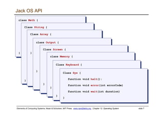 Elements of Computing Systems, Nisan & Schocken, MIT Press, www.nand2tetris.org , Chapter 12: Operating System slide 7
Jack OS API
class Math {
function void init()
function int abs(int x)
function int multiply(int x, int y)
function int divide(int x, int y)
function int min(int x, int y)
function int max(int x, int y)
function int sqrt(int x)
}
class Math {
function void init()
function int abs(int x)
function int multiply(int x, int y)
function int divide(int x, int y)
function int min(int x, int y)
function int max(int x, int y)
function int sqrt(int x)
}
Class String {
constructor String new(int maxLength)
method void dispose()
method int length()
method char charAt(int j)
method void setCharAt(int j, char c)
method String appendChar(char c)
method void eraseLastChar()
method int intValue()
method void setInt(int j)
function char backSpace()
function char doubleQuote()
function char newLine()
}
Class String {
constructor String new(int maxLength)
method void dispose()
method int length()
method char charAt(int j)
method void setCharAt(int j, char c)
method String appendChar(char c)
method void eraseLastChar()
method int intValue()
method void setInt(int j)
function char backSpace()
function char doubleQuote()
function char newLine()
}
Class Array {
function Array new(int size)
method void dispose()
}
Class Array {
function Array new(int size)
method void dispose()
}
class Output {
function void moveCursor(int i, int j)
function void printChar(char c)
function void printString(String s)
function void printInt(int i)
function void println()
function void backSpace()
}
class Output {
function void moveCursor(int i, int j)
function void printChar(char c)
function void printString(String s)
function void printInt(int i)
function void println()
function void backSpace()
}
Class Screen {
function void clearScreen()
function void setColor(boolean b)
function void drawPixel(int x, int y)
function void drawLine(int x1, int y1,
int x2, int y2)
function void drawRectangle(int x1, int y1,
int x2, int y2)
function void drawCircle(int x, int y, int r)
}
Class Screen {
function void clearScreen()
function void setColor(boolean b)
function void drawPixel(int x, int y)
function void drawLine(int x1, int y1,
int x2, int y2)
function void drawRectangle(int x1, int y1,
int x2, int y2)
function void drawCircle(int x, int y, int r)
}
class Memory {
function int peek(int address)
function void poke(int address, int value)
function Array alloc(int size)
function void deAlloc(Array o)
}
class Memory {
function int peek(int address)
function void poke(int address, int value)
function Array alloc(int size)
function void deAlloc(Array o)
}
Class Keyboard {
function char keyPressed()
function char readChar()
function String readLine(String message)
function int readInt(String message)
}
Class Keyboard {
function char keyPressed()
function char readChar()
function String readLine(String message)
function int readInt(String message)
}
Class Sys {
function void halt():
function void error(int errorCode)
function void wait(int duration)
}
Class Sys {
function void halt():
function void error(int errorCode)
function void wait(int duration)
}
 