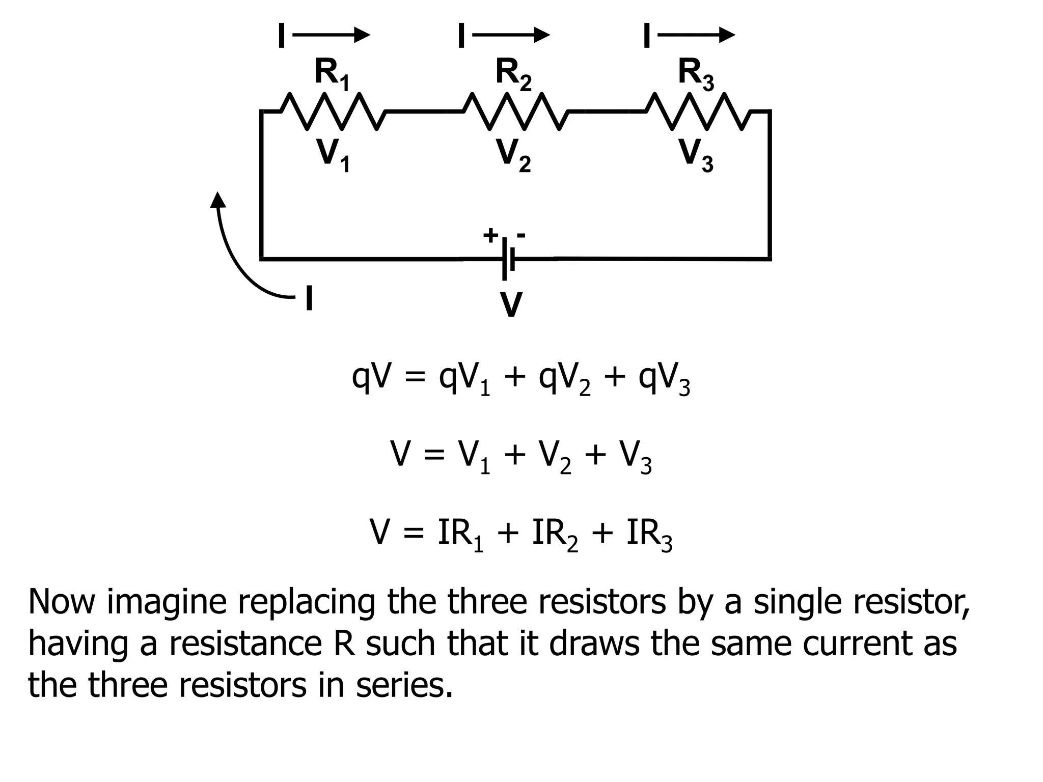 V = V1 + V2 + V3
V = IR1 + IR2 + IR3
Now imagine replacing the three resistors by a single resistor,
having a resistance R such that it draws the same current as
the three resistors in series.
R3
R2
R1
+ -
V
I
I
I
I
V1 V3
V2
qV = qV1 + qV2 + qV3
 